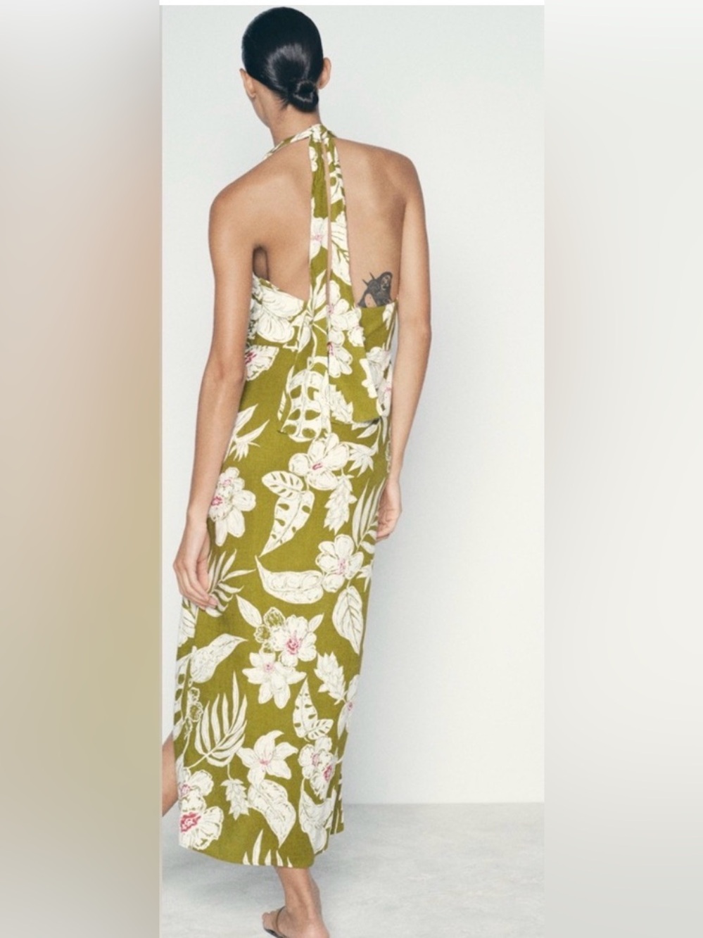 ZARA Tropical Floral Halter Midi Dress – Olive & Cream: XS - Picture 3 of 16